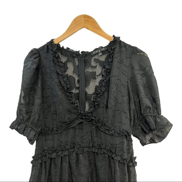 STORY ON Black Sheer Lace V Neck Puff Short Sleeve Dress SZ SM - Picture 6 of 12